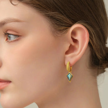 Granulated Kite Labradorite Earrings - Valkyrie 18KT Yellow Gold Vermeil Model Shot