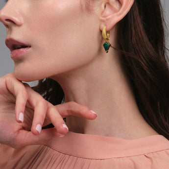 Granulated Kite Malachite Earrings - Valkyrie 18KT Yellow Gold Vermeil Model Shot