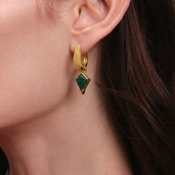 Granulated Kite Malachite Earrings - Valkyrie 18KT Yellow Gold Vermeil Wearing Diagram