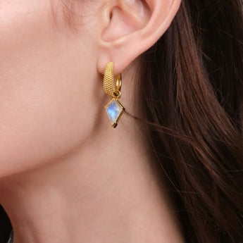 Granulated Kite Moonstone Earrings - Valkyrie 18KT Yellow Gold Vermeil Wearing Diagram