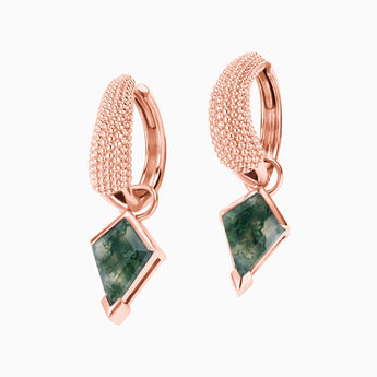 Granulated Kite Moss Agate Earrings - Valkyrie 18KT Rose Gold Vermeil Front View