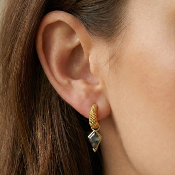 Granulated Kite Moss Agate Earrings - Valkyrie 18KT Yellow Gold Vermeil Wearing Diagram