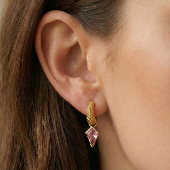 Granulated Kite Pink Tourmaline Earrings - Valkyrie 18KT Yellow Gold Vermeil Wearing Diagram