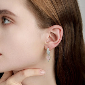 Granulated Kite Rose Quartz Earrings - Valkyrie 925 Sterling Silver Vermeil Model Shot