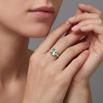 Green Amethyst Cushion Ring - Pure Hush 925 Sterling Silver Model Shot