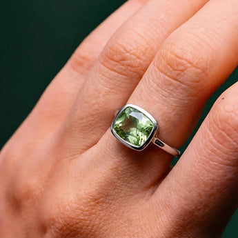 Green Amethyst Cushion Ring - Pure Hush 925 Sterling Silver Worn View