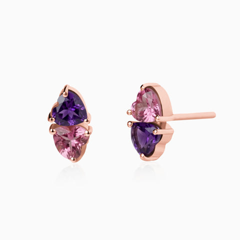 Heart Amethyst & Pink Tourmaline Toi et Moi Stud Earrings - Duality 18KT Rose Gold Vermeil Front View