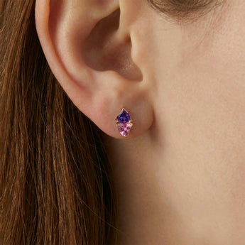 Heart Amethyst & Pink Tourmaline Toi et Moi Stud Earrings - Duality 18KT Rose Gold Vermeil Model Shot