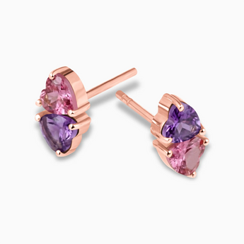 Heart Amethyst & Pink Tourmaline Toi et Moi Stud Earrings - Duality 18KT Rose Gold Vermeil Side View
