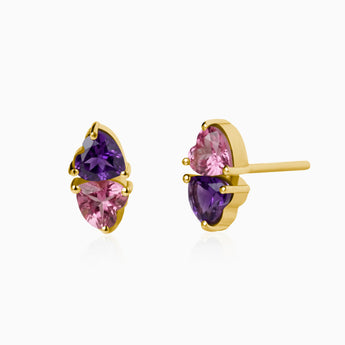 Heart Amethyst & Pink Tourmaline Toi et Moi Stud Earrings - Duality 18KT Yellow Gold Vermeil Front View