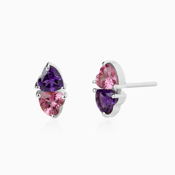 Heart Amethyst & Pink Tourmaline Toi et Moi Stud Earrings - Duality 925 Sterling Silver Front View