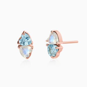 Heart Aquamarine & Moonstone Toi et Moi Stud Earrings - Duality 18KT Rose Gold Vermeil Front View