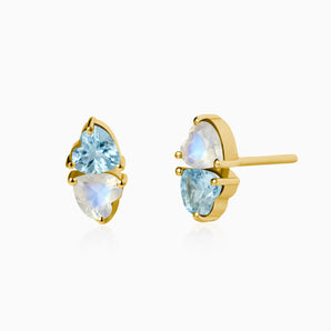 Heart Aquamarine & Moonstone Toi et Moi Stud Earrings - Duality 18KT Yellow Gold Vermeil Front View