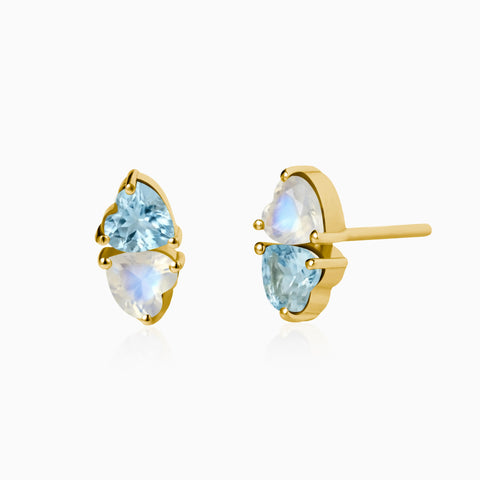 Heart Aquamarine & Moonstone Toi et Moi Stud Earrings - Duality 18KT Yellow Gold Vermeil Front View