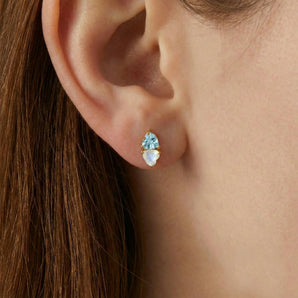 Heart Aquamarine & Moonstone Toi et Moi Stud Earrings - Duality 18KT Yellow Gold Vermeil Model Shot