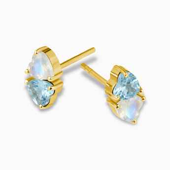 Heart Aquamarine & Moonstone Toi et Moi Stud Earrings - Duality 18KT Yellow Gold Vermeil Side View