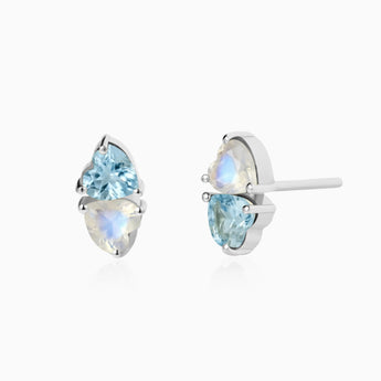 Heart Aquamarine & Moonstone Toi et Moi Stud Earrings - Duality 925 Sterling Silver Front View