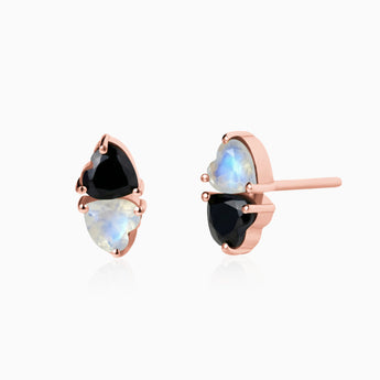 Heart Black Onyx & Moonstone Toi et Moi Stud Earrings - Duality 18KT Rose Gold Vermeil Front View