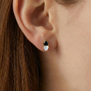 Heart Black Onyx & Moonstone Toi et Moi Stud Earrings - Duality 18KT Yellow Gold Vermeil Model Shot