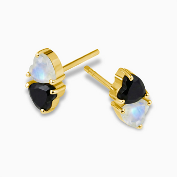 Heart Black Onyx & Moonstone Toi et Moi Stud Earrings - Duality 18KT Yellow Gold Vermeil Side View