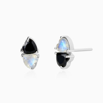 Heart Black Onyx & Moonstone Toi et Moi Stud Earrings - Duality 925 Sterling Silver Front View