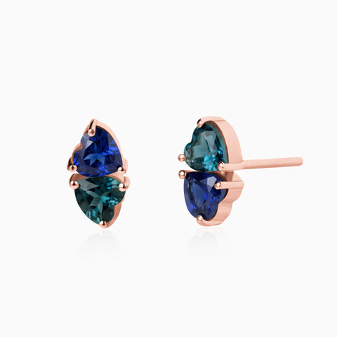 Heart Blue Sapphire & London Blue Topaz Toi et Moi Stud Earrings - Duality 18KT Rose Gold Vermeil Front View
