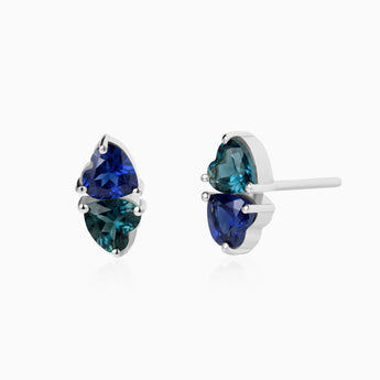 Heart Blue Sapphire & London Blue Topaz Toi et Moi Stud Earrings - Duality 925 Sterling Silver Front View