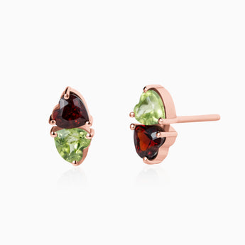 Heart Garnet & Peridot Toi et Moi Stud Earrings - Duality 18KT Rose Gold Vermeil Front View