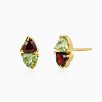 Heart Garnet & Peridot Toi et Moi Stud Earrings - Duality 18KT Yellow Gold Vermeil Front View