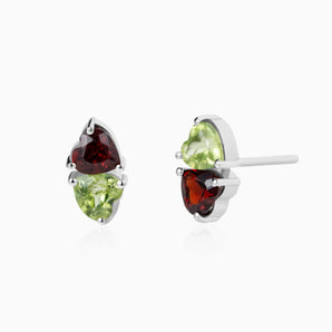 Heart Garnet & Peridot Toi et Moi Stud Earrings - Duality 925 Sterling Silver Front View