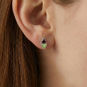 Heart Garnet & Peridot Toi et Moi Stud Earrings - Duality 925 Sterling Silver Model Shot