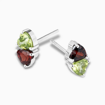 Heart Garnet & Peridot Toi et Moi Stud Earrings - Duality 925 Sterling Silver Side View
