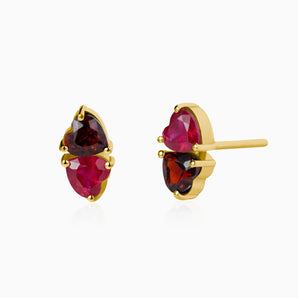 Heart Garnet & Ruby Toi et Moi Stud Earrings - Duality 18KT Yellow Gold Vermeil Front View