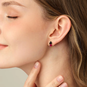 Heart Garnet & Ruby Toi et Moi Stud Earrings - Duality 18KT Yellow Gold Vermeil Model Shot