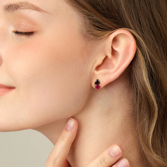 Heart Garnet & Ruby Toi et Moi Stud Earrings - Duality 18KT Yellow Gold Vermeil Model Shot