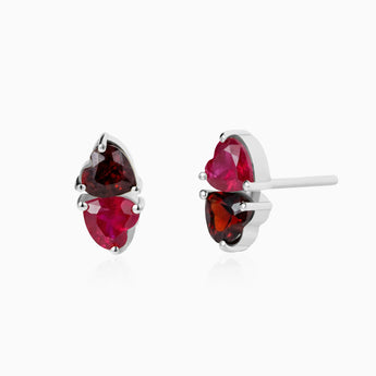 Heart Garnet & Ruby Toi et Moi Stud Earrings - Duality 925 Sterling Silver Front View