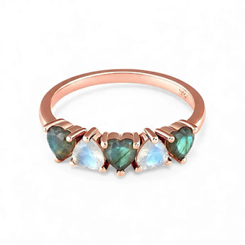 Heart Labradorite & Moonstone Arc Ring - Crescent Line 18KT Rose Gold Vermeil Front View