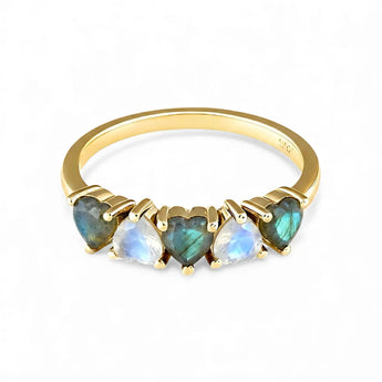 Heart Labradorite & Moonstone Arc Ring - Crescent Line 18KT Yellow Gold Vermeil Front View