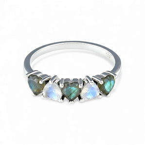 Heart Labradorite & Moonstone Arc Ring - Crescent Line 925 Sterling Silver Front View