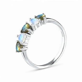 Heart Labradorite & Moonstone Arc Ring - Crescent Line 925 Sterling Silver Side View
