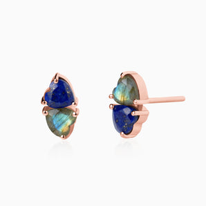 Heart Lapis Lazuli & Labradorite Toi et Moi Stud Earrings - Duality 18KT Rose Gold Vermeil Front View