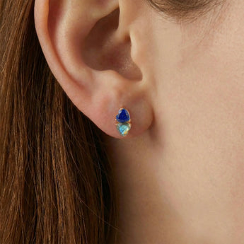 Heart Lapis Lazuli & Labradorite Toi et Moi Stud Earrings - Duality 18KT Rose Gold Vermeil Model Shot