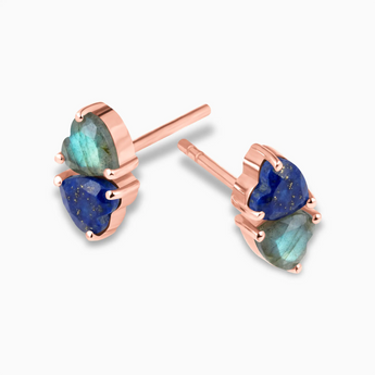 Heart Lapis Lazuli & Labradorite Toi et Moi Stud Earrings - Duality 18KT Rose Gold Vermeil Side View