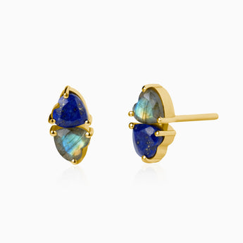 Heart Lapis Lazuli & Labradorite Toi et Moi Stud Earrings - Duality 18KT Yellow Gold Vermeil Front View