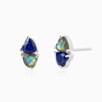 Heart Lapis Lazuli & Labradorite Toi et Moi Stud Earrings - Duality 925 Sterling Silver Front View