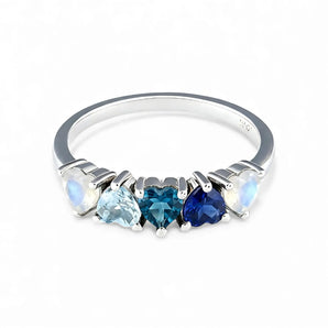 Heart Moonstone & Blue Sapphire Arc Ring - Crescent Line 925 Sterling Silver Front View