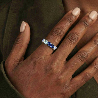 Heart Moonstone & Blue Sapphire Arc Ring - Crescent Line 925 Sterling Silver Wearing Diagram