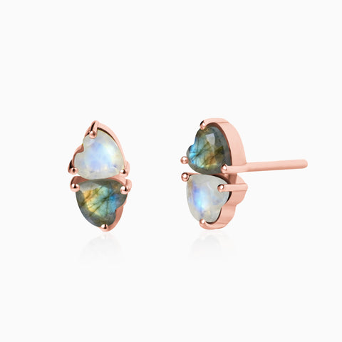Heart Moonstone & Labradorite Toi et Moi Stud Earrings - Duality 18KT Rose Gold Vermeil Front View