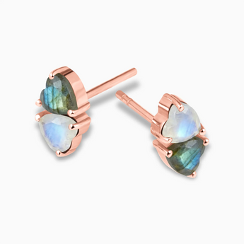 Heart Moonstone & Labradorite Toi et Moi Stud Earrings - Duality 18KT Rose Gold Vermeil Side View