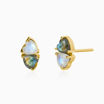 Heart Moonstone & Labradorite Toi et Moi Stud Earrings - Duality 18KT Yellow Gold Vermeil Front View